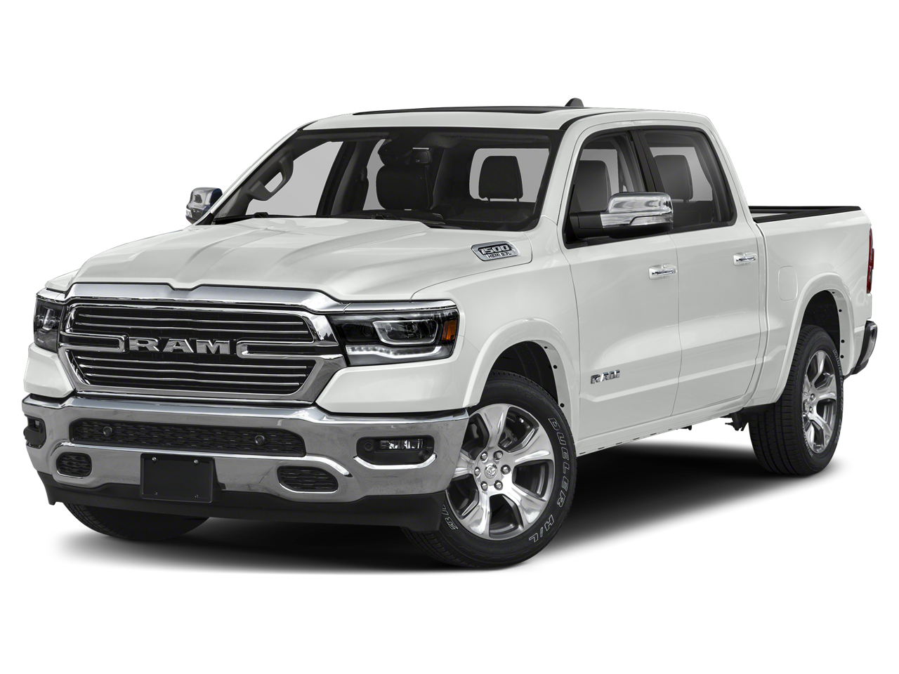 2019 RAM 1500 Laramie Crew Cab 4x2 5'7' Box in Ivory White Tri-Coat Pearlcoat — front three-quarter view