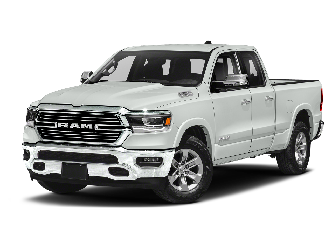 2021 RAM 1500 Laramie Quad Cab 4x4 6'4' Box in Bright White Clearcoat — front three-quarter view