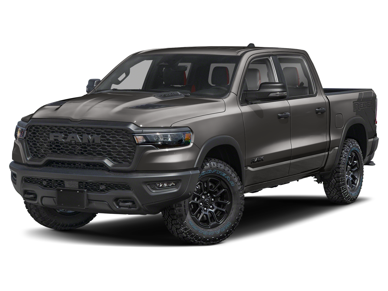 2026 RAM 1500 RAM 1500 REBEL CREW CAB 4X4 5'7' BOX in Granite Crystal Metallic Clear-Coat Exterior Paint — front three-quarter view