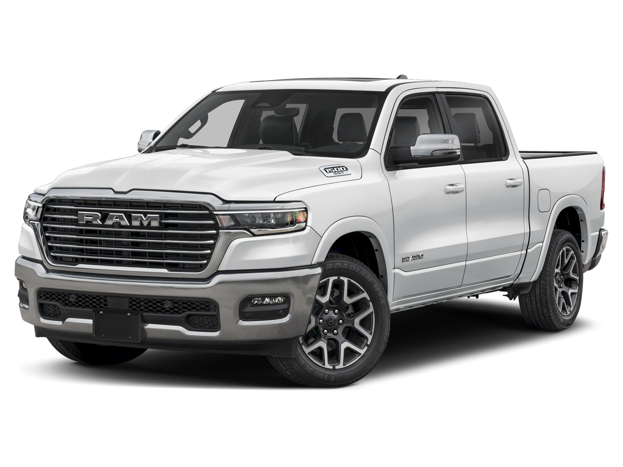 2026 RAM 1500 RAM 1500 LARAMIE CREW CAB 4X4 5'7' BOX in Bright White Clear-Coat Exterior Paint — front three-quarter view