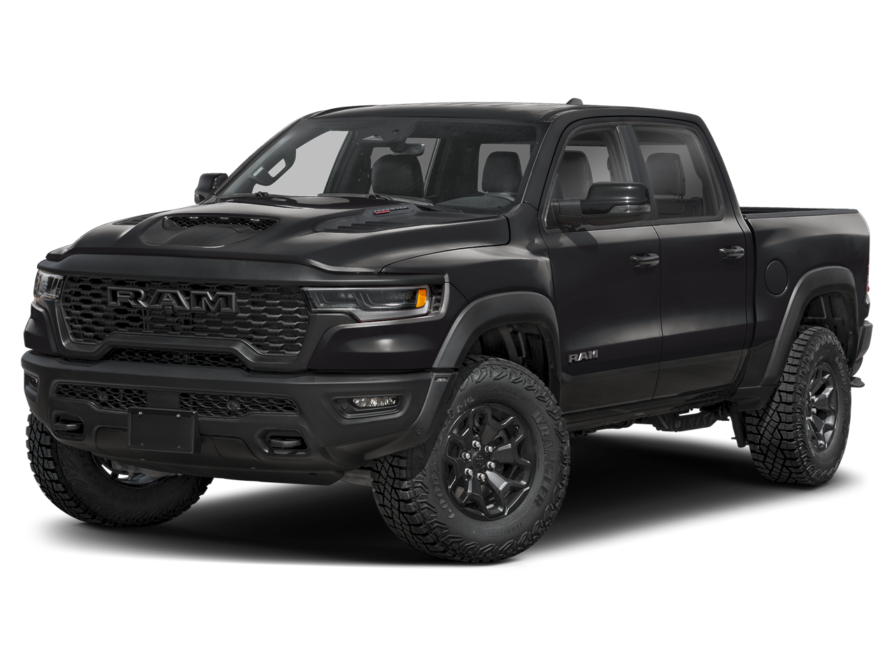 2026 RAM 1500 RAM 1500 RHO CREW CAB 4X4 5'7' BOX in Diamond Black Crystal Pearl-Coat Exterior Paint — front three-quarter view