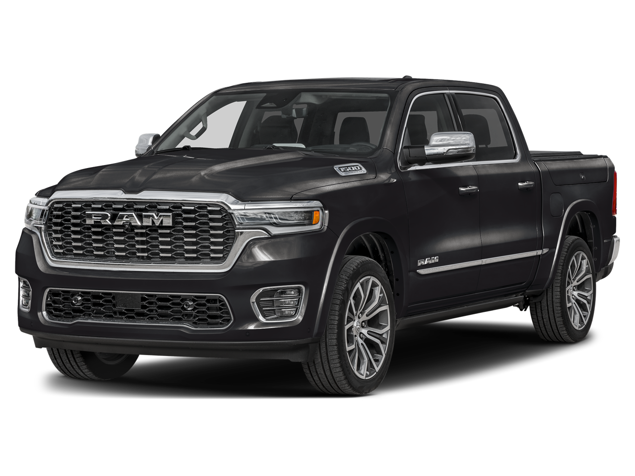 2026 RAM 1500 RAM 1500 TUNGSTEN CREW CAB 4X4 in Diamond Black Crystal Pearl-Coat Exterior Paint — front three-quarter view