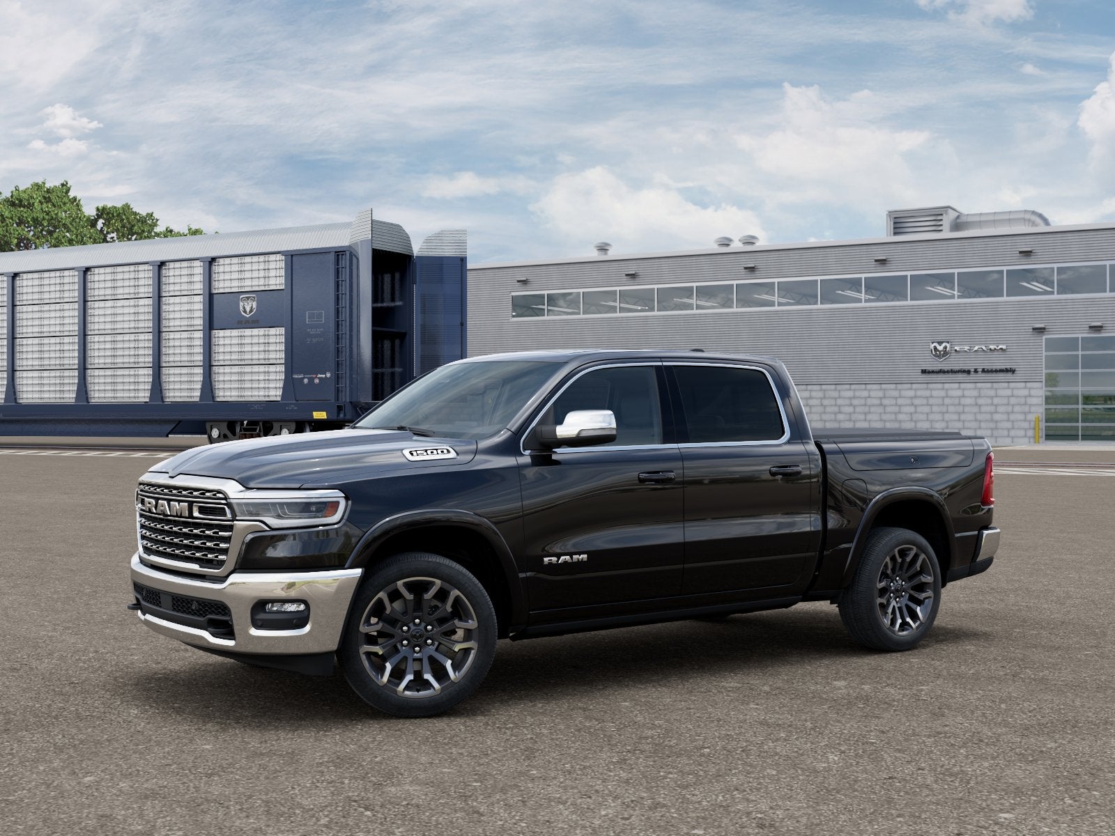 2026 RAM 1500 RAM 1500 LIMITED LONGHORN CREW CAB 4X4 5'7' BOX in Diamond Black Crystal Pearl-Coat Exterior Paint — front three-quarter view