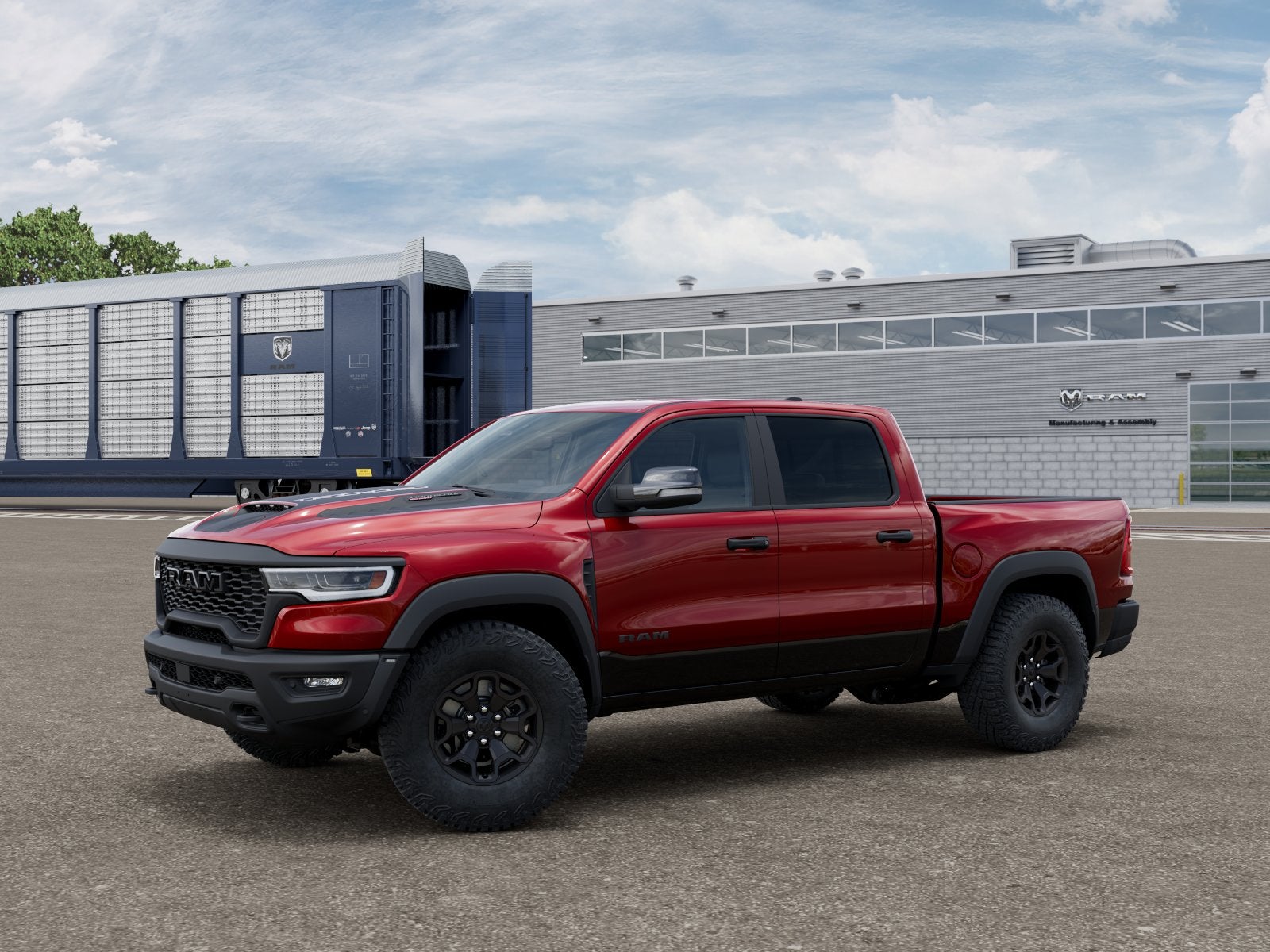 2026 RAM 1500 RAM 1500 RHO CREW CAB 4X4 5'7' BOX in Molten Red Pearl-Coat Exterior Paint — front three-quarter view